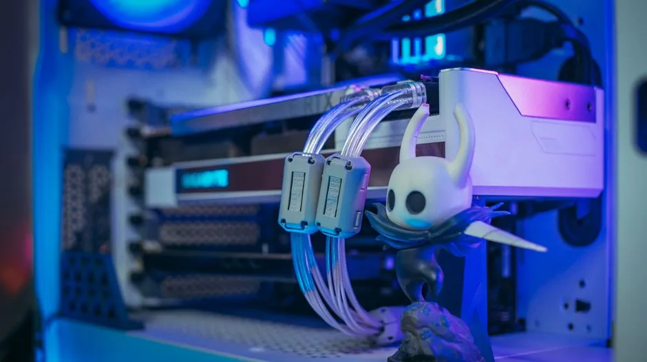 RX 9070 XT gaming PC build interior with liquid cooling