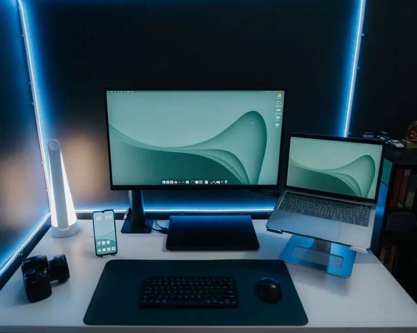 A 4K gaming monitor on a clean desk with a controller nearby