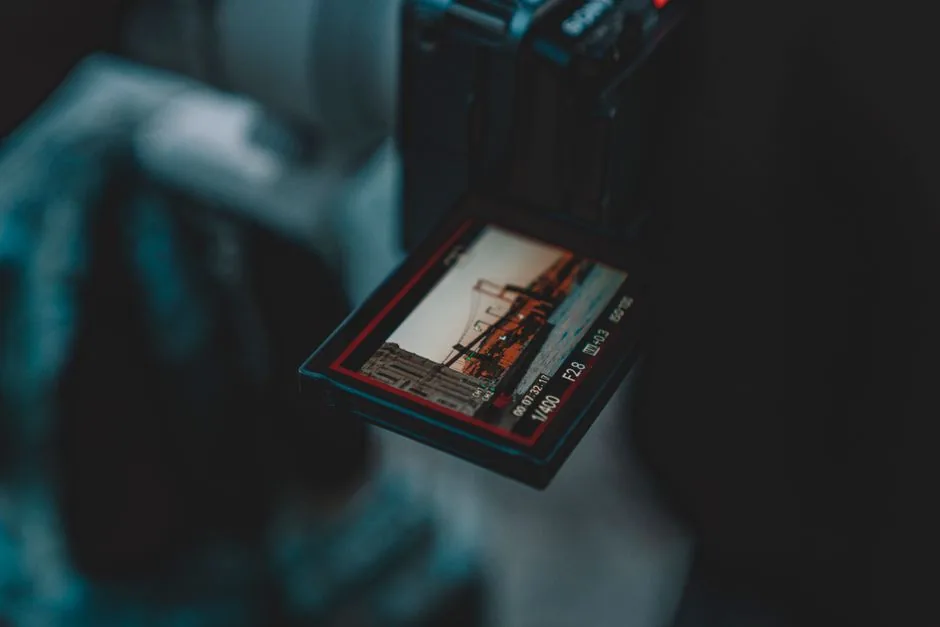 camera viewfinder capturing a distant scene in 4K