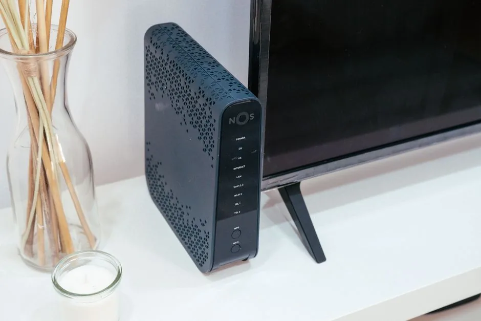 person setting up a home wifi network router and television for gaming