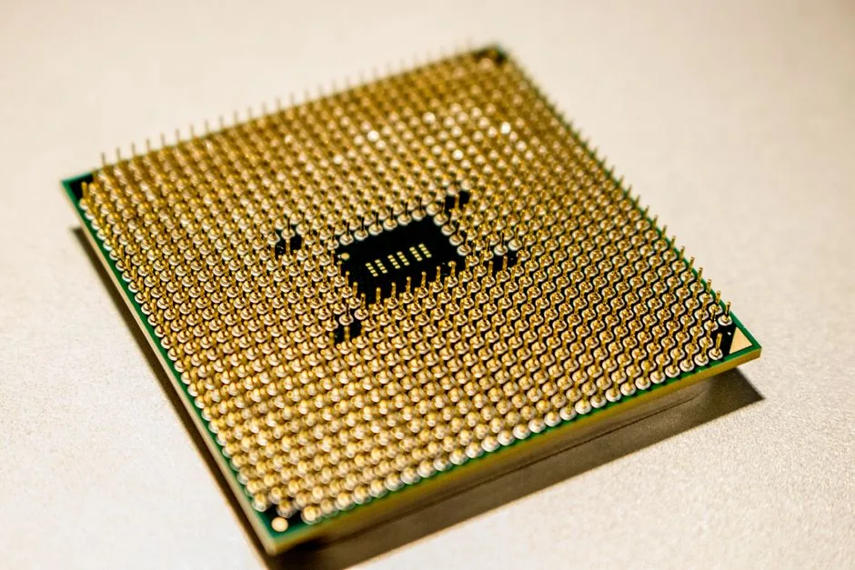 close-up of a modern CPU chip and pins