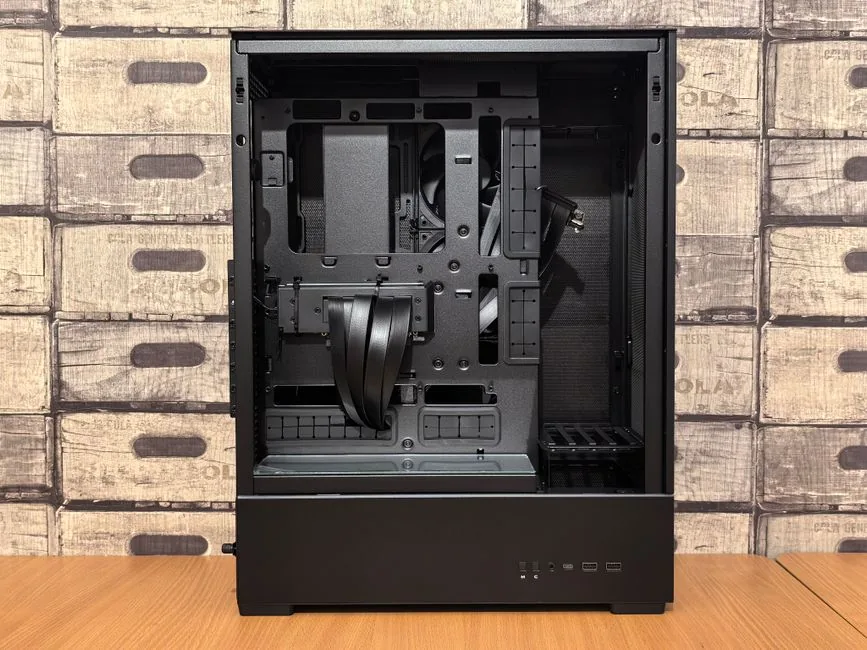 interior of a white ATX case showing mesh front and RGB intake fans