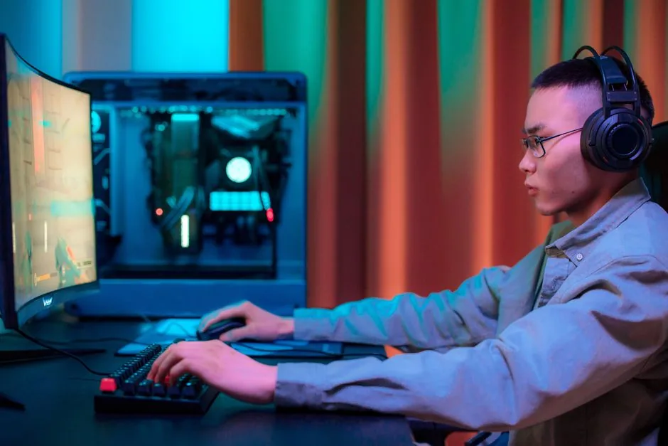 gamer using a liquid cooled tower under dim lighting