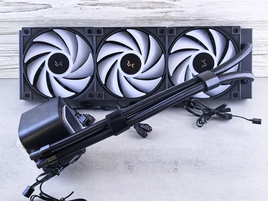 closeup of computer components and coolant lines