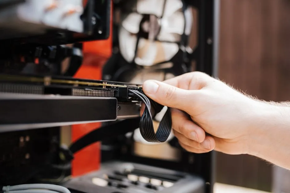 technician routing cables inside a tidy PC tower