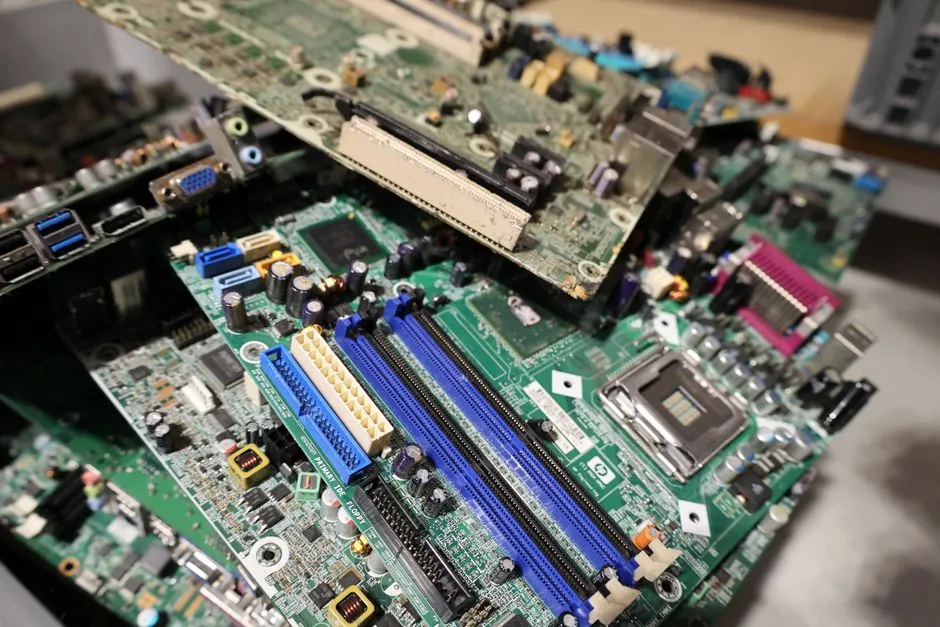 a pile of obsolete pc components being sorted for recycling