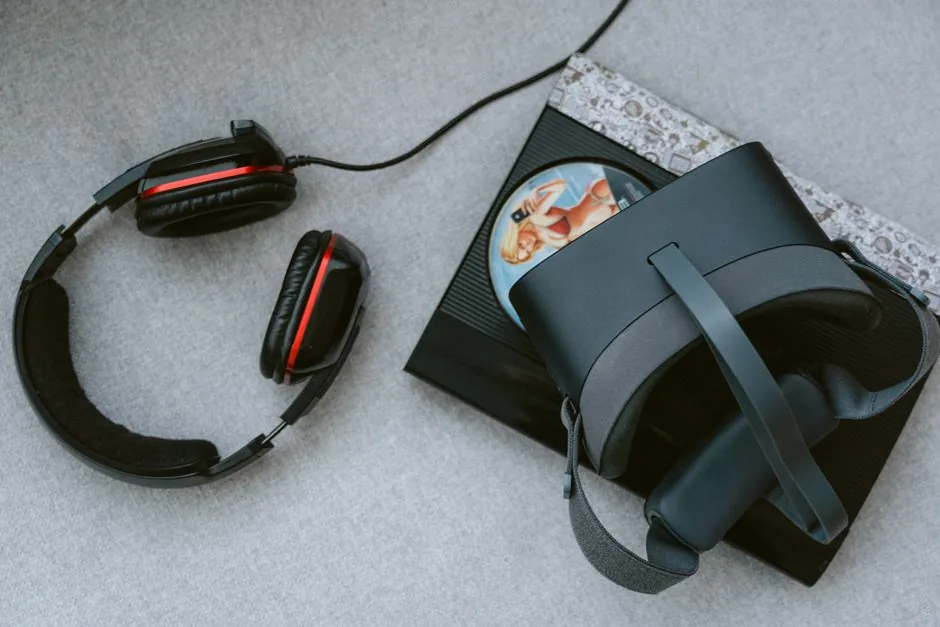 Close-up of a VR headset lenses and head strap on a clean surface