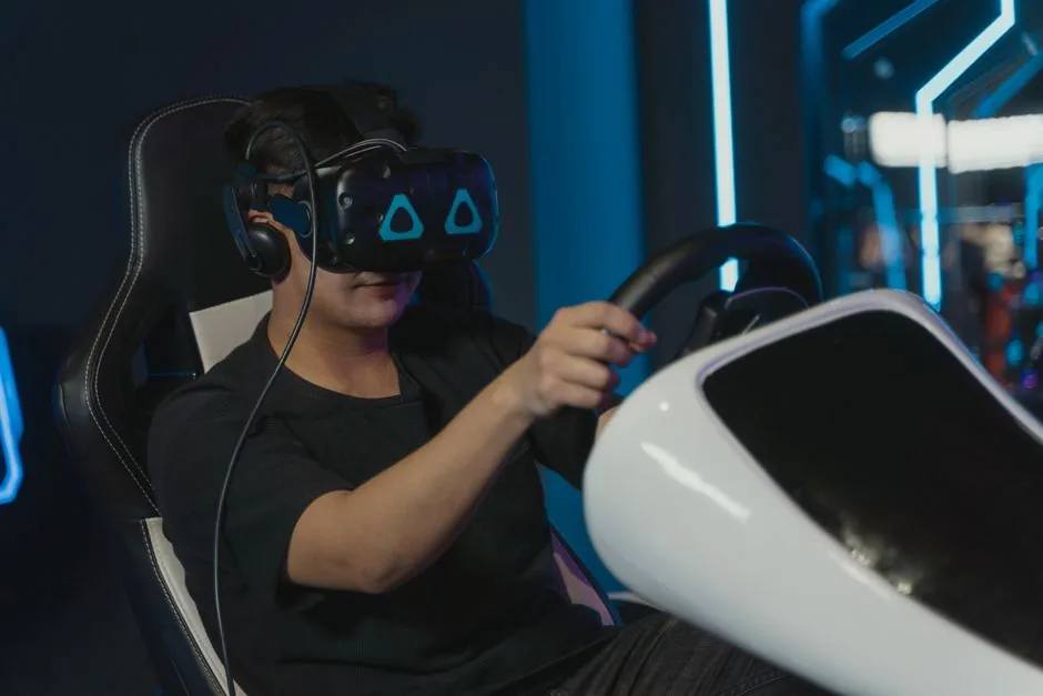 Desk setup with a high-end gaming PC and virtual reality headset