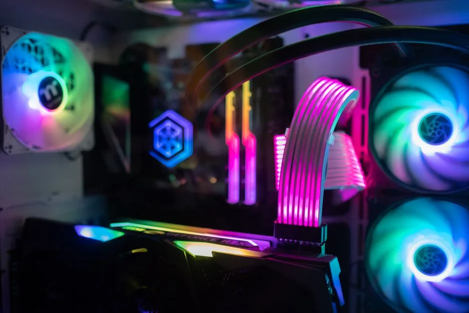 RTX vs GTX comparison chart — RGB components inside a custom gaming PC